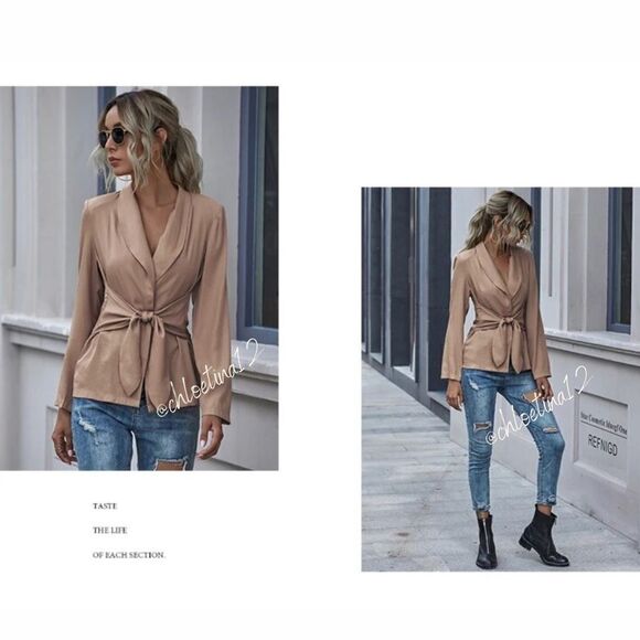 Women's V Neck Blazer Jacket Self Tie Knot Yellow or Choose Color - Picture 14 of 16